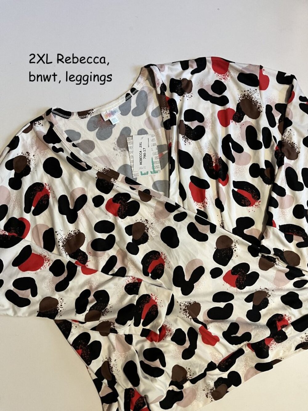 2XL Lularoe Rebecca faux wrap top, leggings fabric, white with dots